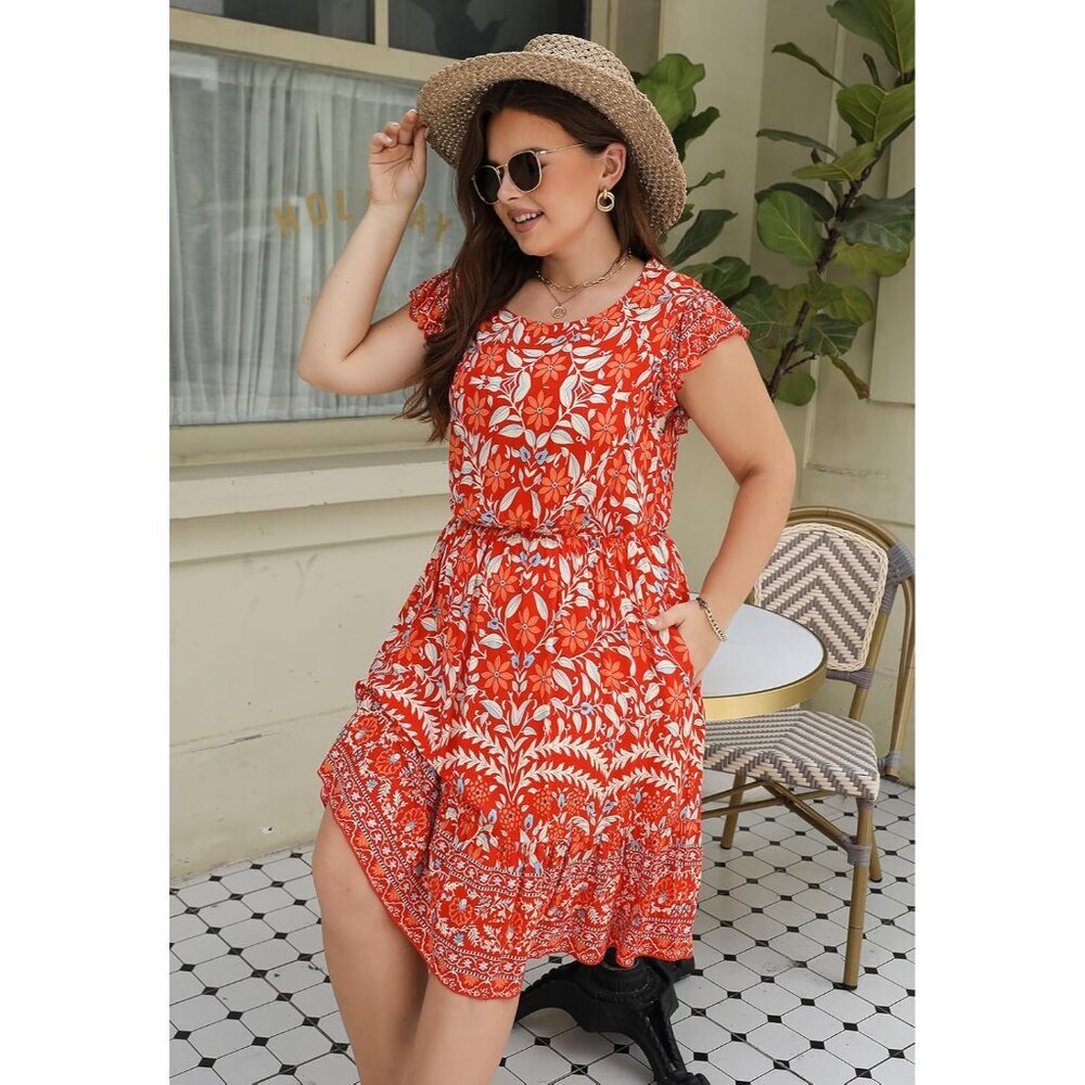 Plus Size Wedding Guest Midi Dress Floral Tiered Boho Sundress with Pockets - Picture 7 of 7